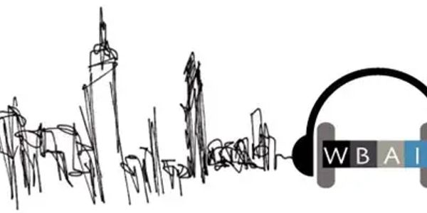 Abstract city skyline sketch blending into headphones with letters WBAI.