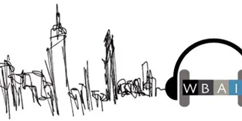 Abstract city skyline sketch blending into headphones with letters WBAI.