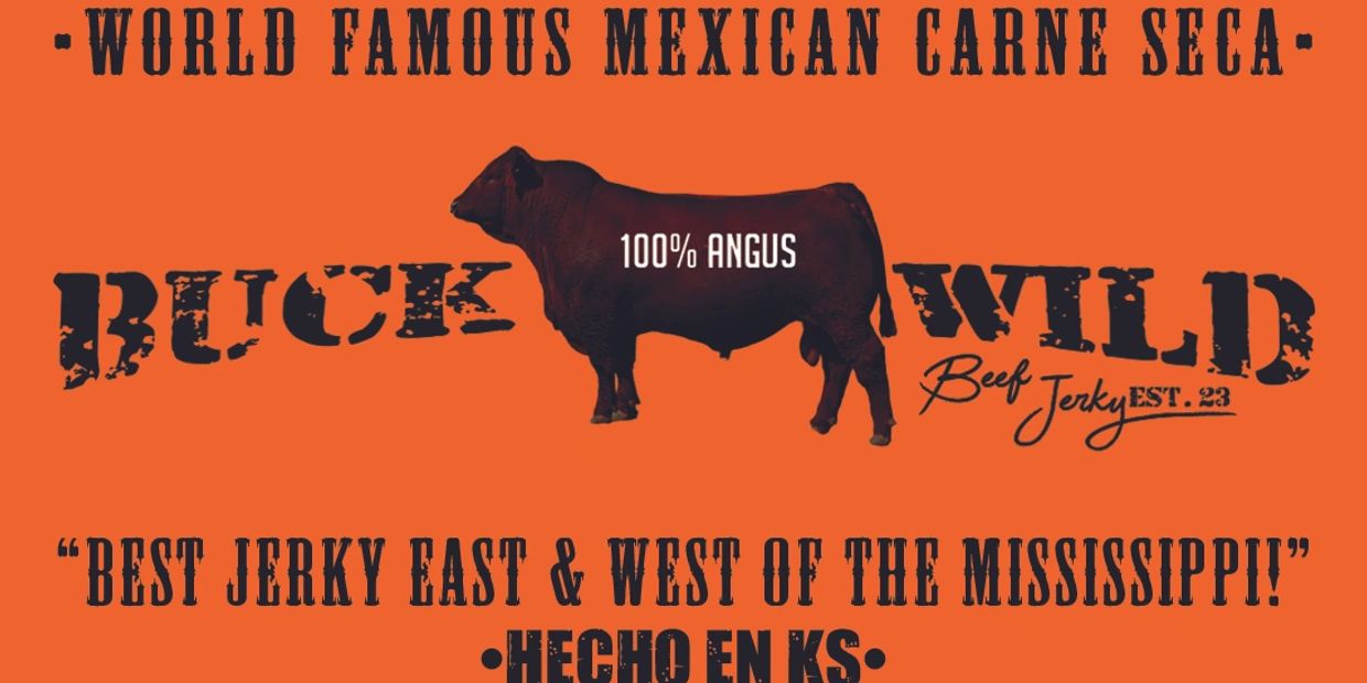 Logo for Buck Wild Mexican carne seca beef jerky, 100% Angus, made in Kansas.
