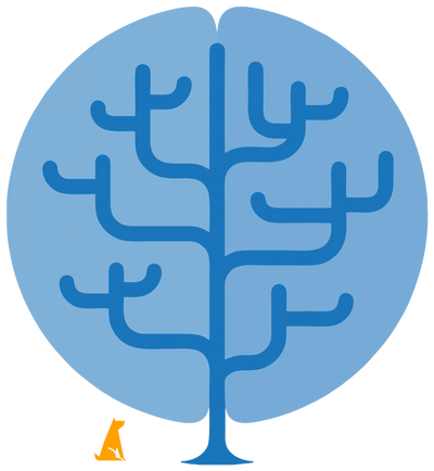 Abstract blue tree with symmetrical branches inside a blue circle, small orange cat at the base.
