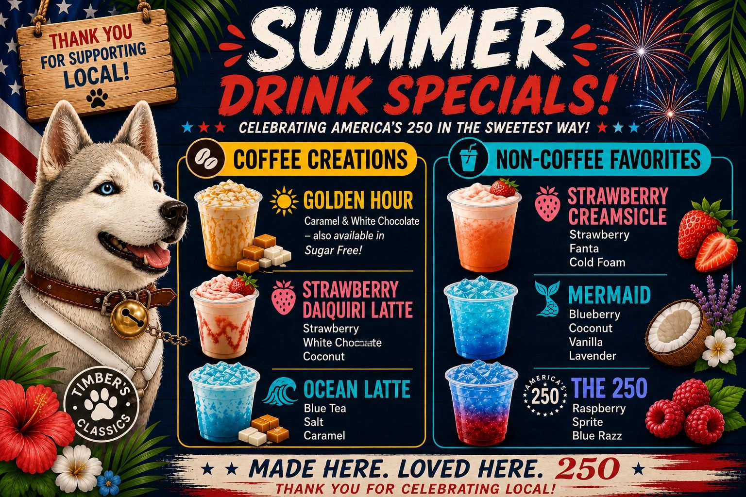 Summer drink specials menu with coffee and non-coffee options.