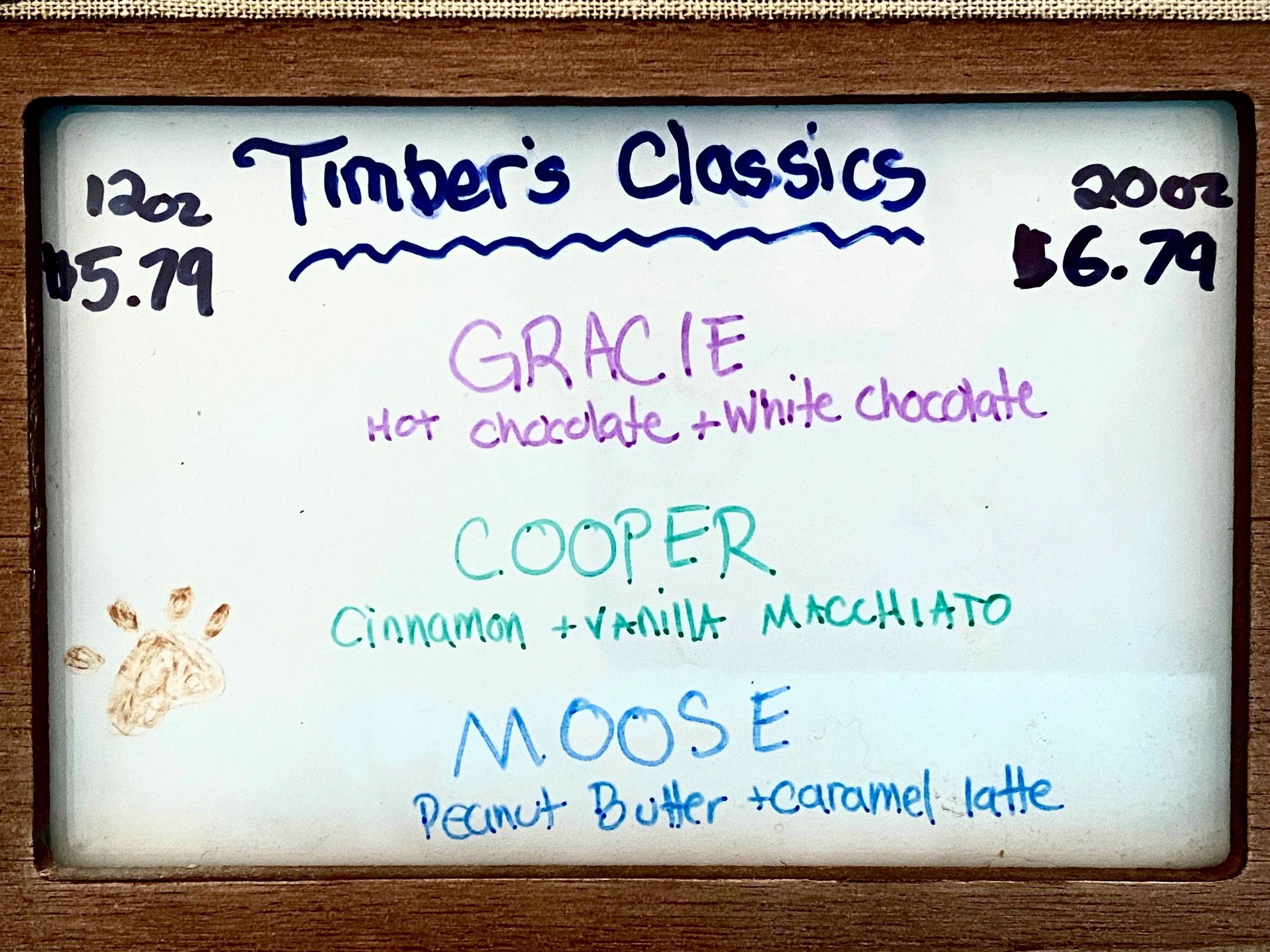 Whiteboard menu for Timber's Classics drinks with prices.