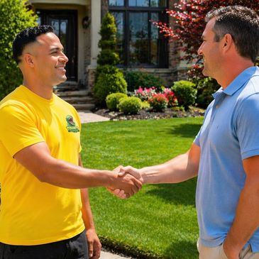 Two men shaking hands outside a well-kept house on a sunny day.