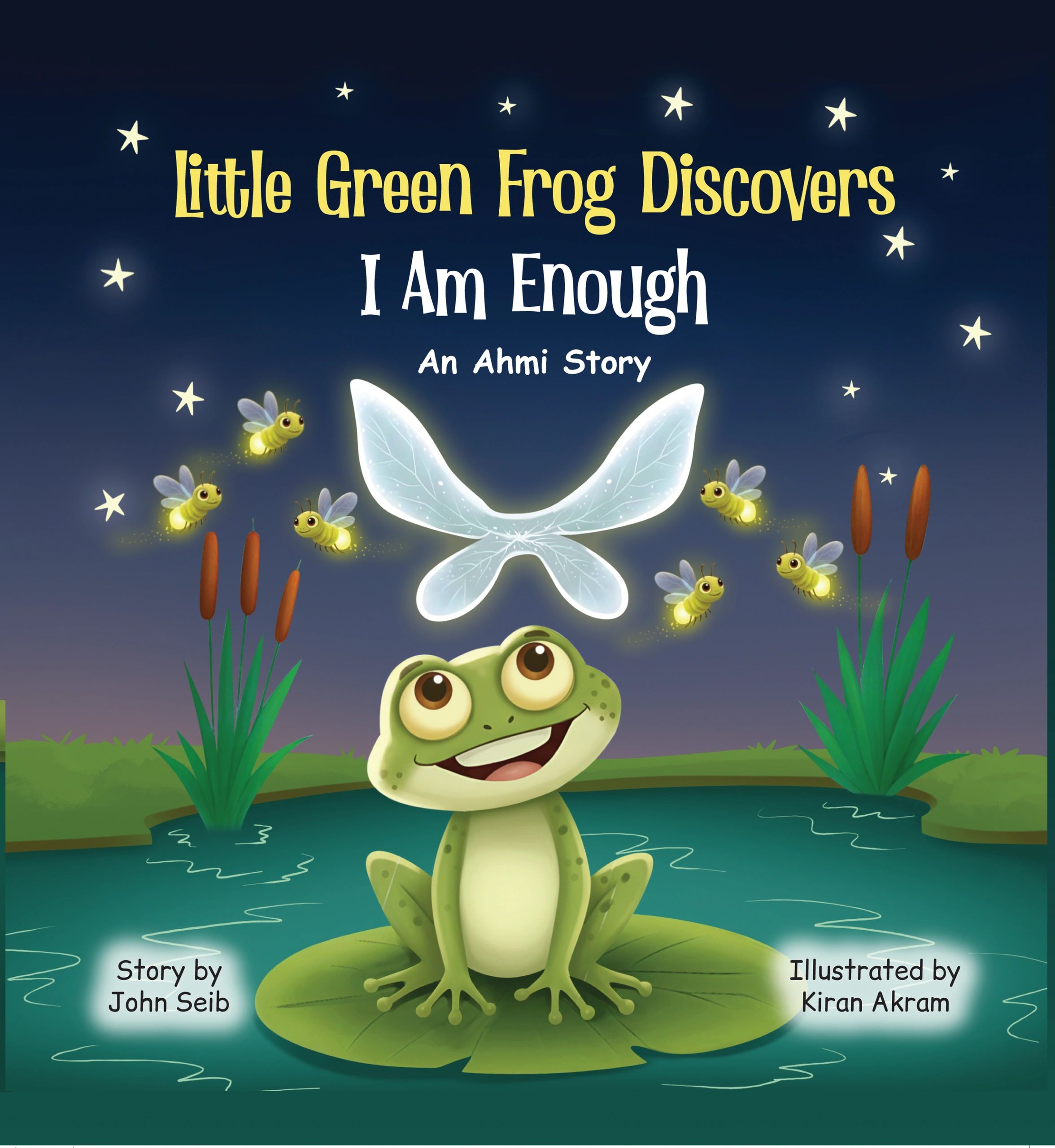 A cheerful green frog sits on a lily pad surrounded by glowing fireflies at night.