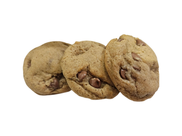Three chocolate chip cookies arranged side by side