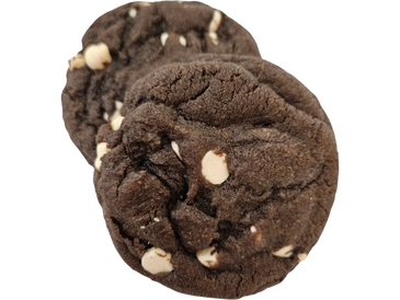 Two chocolate cookies with white chocolate chips.