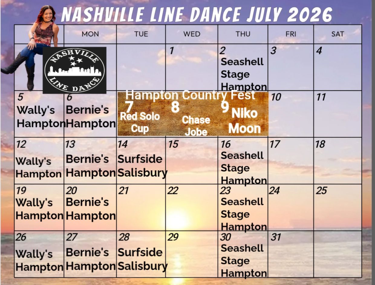 Nashville line dance calendar for July 2026 with multiple event locations.