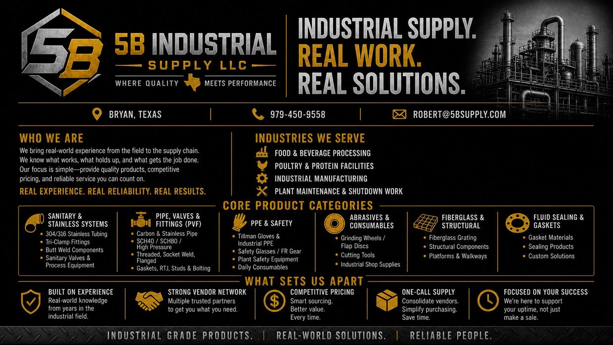 5B Industrial Supply LLC offers quality industrial products and real-world solutions from Bryan, Texas.