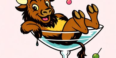 Cartoon bull relaxing in a cocktail glass with olives and a cherry.