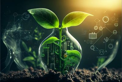 A green plant growing inside a transparent bulb with digital circuitry.