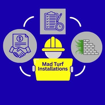 Logo for Mad Turf Installations with icons of handshake, checklist, and wall.