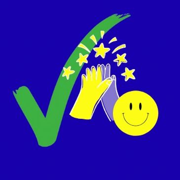 A green checkmark, high-fiving gloves, and a smiley face on blue background.