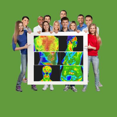 Group of people holding a poster with thermal body scan images.