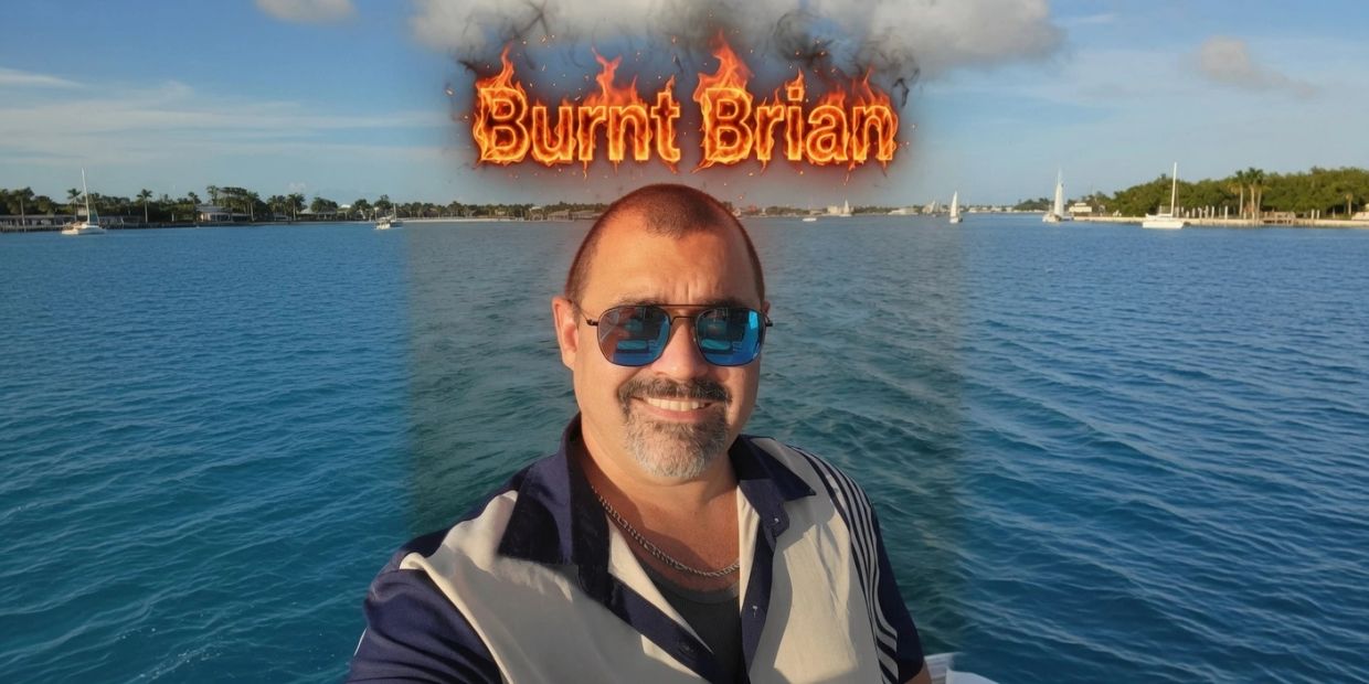 Man wearing sunglasses on a boat with text 'Burnt Brian' above him.