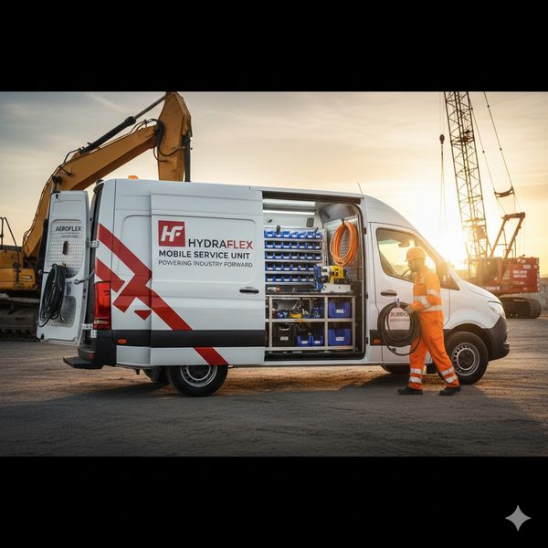 Hydraflex mobile service van with organized equipment and worker in safety gear at construction site.