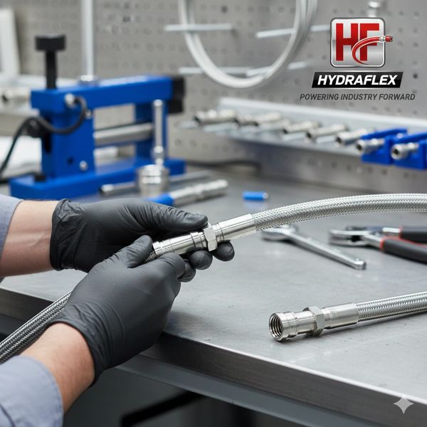 Hands assembling a braided metal hose fitting in an industrial workshop.