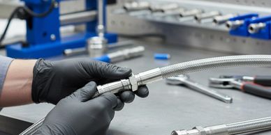Hands assembling a braided metal hose fitting in an industrial workshop.
