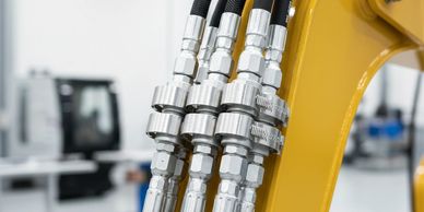 Close-up of hydraulic hoses and metal fittings on yellow construction machinery.