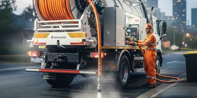 Worker using a Hydraflex truck to clean a street drain with high-pressure water.