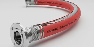 Red hydraulic hose with metal fittings labeled HYDRAFLEX Composite Transfer 200 PSI.