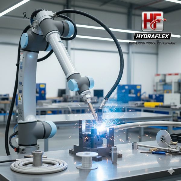 Robotic arm performing precise welding in a modern industrial workshop.