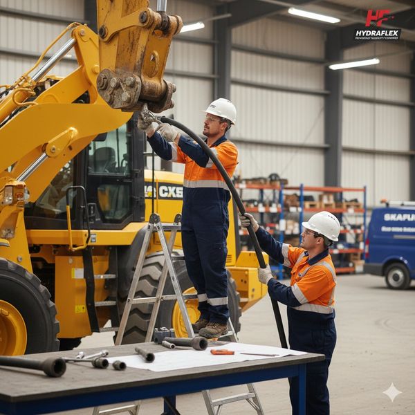 Two workers in safety gear fixing a hydraulic hose on heavy machinery.