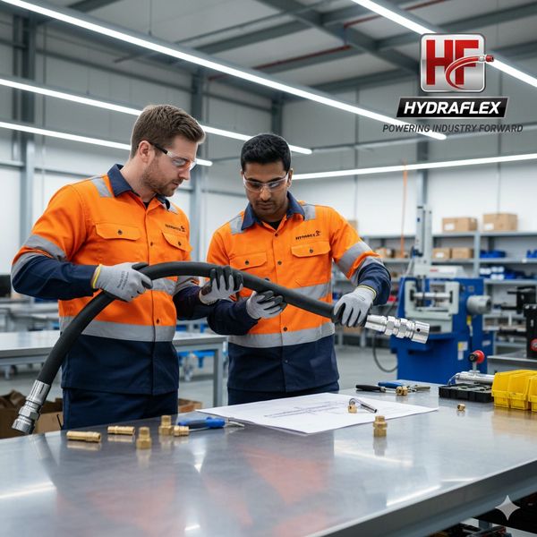 Two workers in orange safety gear inspecting a hydraulic hose in a workshop.