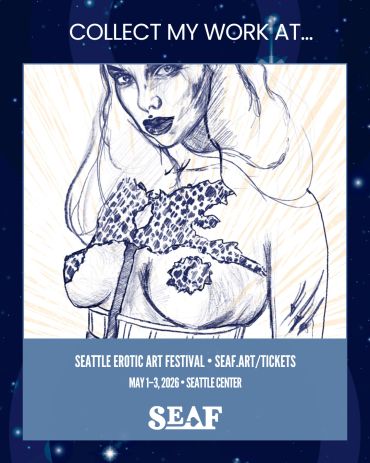 Promotion for Seattle Erotic Art Festival 2026 with a sketch of a woman.