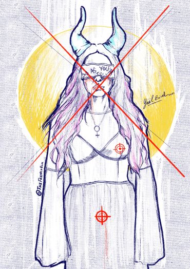 Sketch of a horned woman with red crosses and target marks.