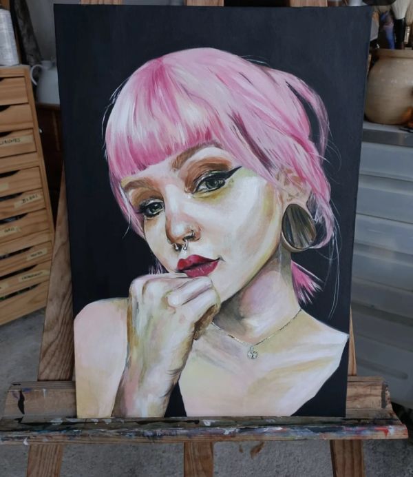 A painting of a woman with pink hair and bold makeup.