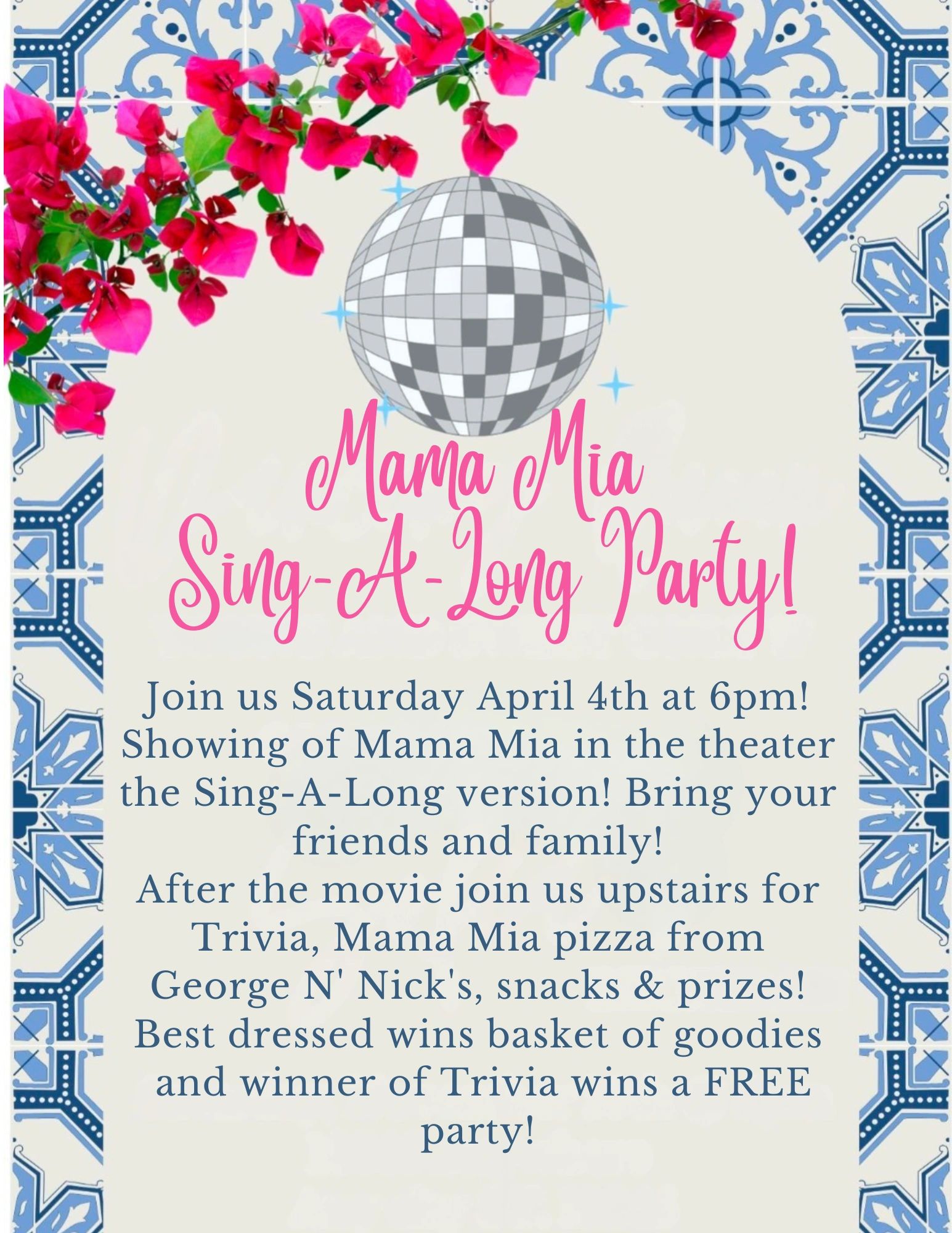Mama Mia Sing-A-Long Party invitation with disco ball and floral design.