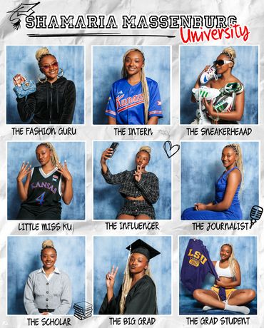 A collage showcasing Shamaria Massenburg's university journey and roles.