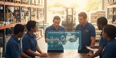 Team in blue uniforms discussing workflow using futuristic digital interface in warehouse.