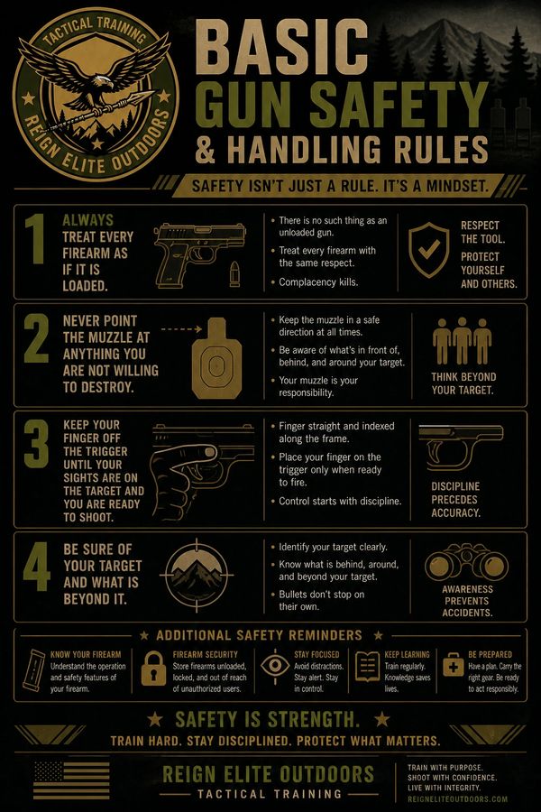 Infographic detailing basic gun safety and handling rules for responsible firearm use.