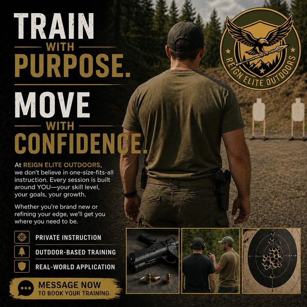 Man training at outdoor shooting range with Reign Elite Outdoors logo and text.