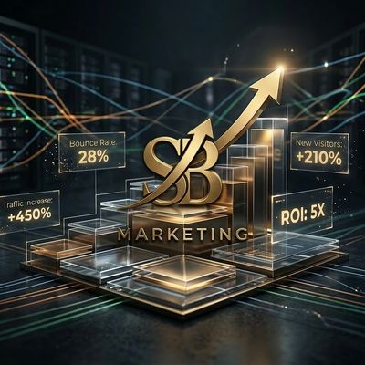 3D marketing graphic showing growth statistics with golden arrows and data metrics.