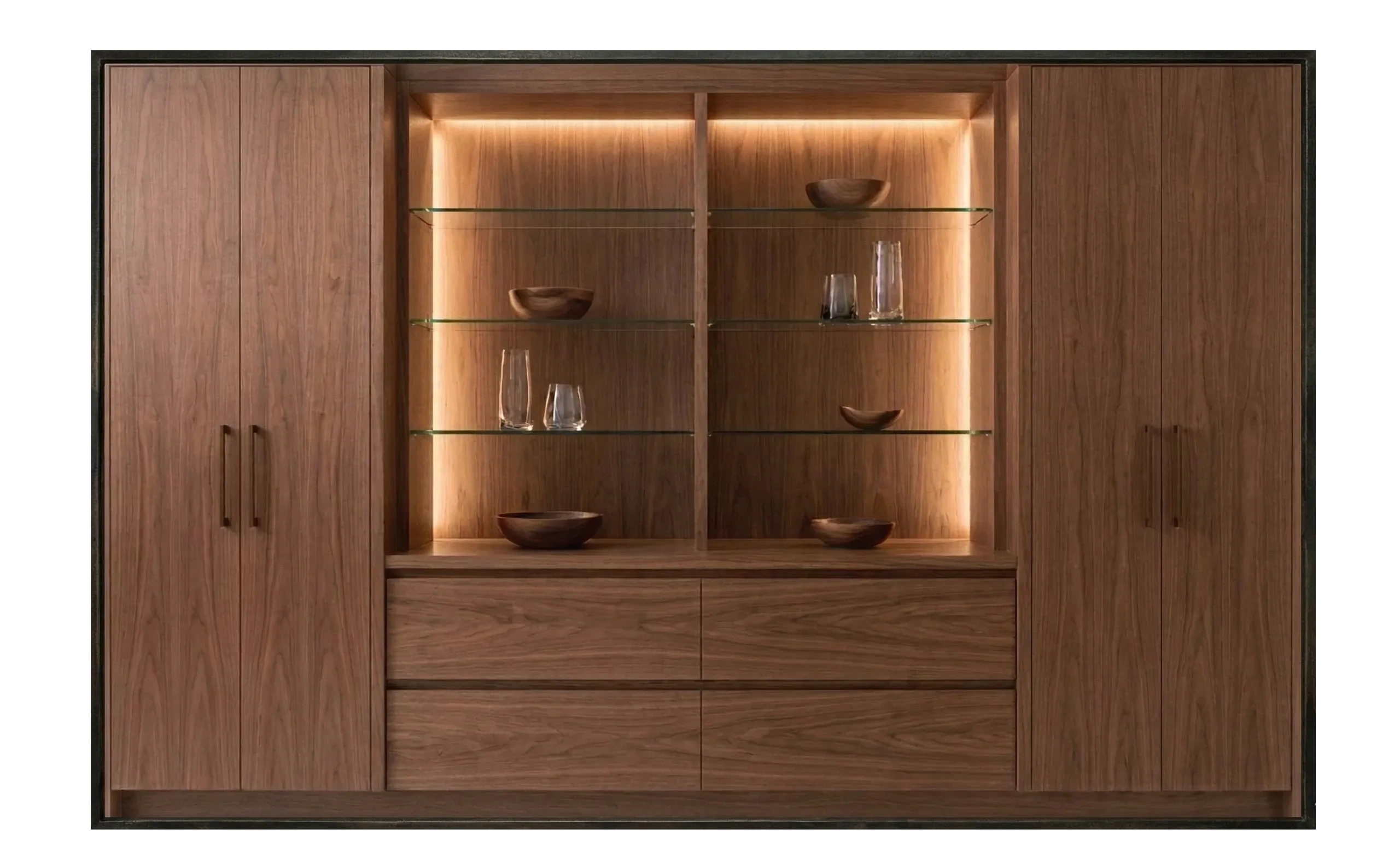 Wooden cabinet with glass shelves and warm backlighting.