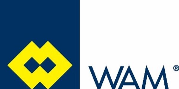 Logo with yellow geometric shape and text 'WAM' on white and blue background.