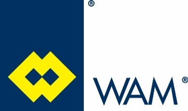 Logo with yellow geometric shape and text 'WAM' on white and blue background.