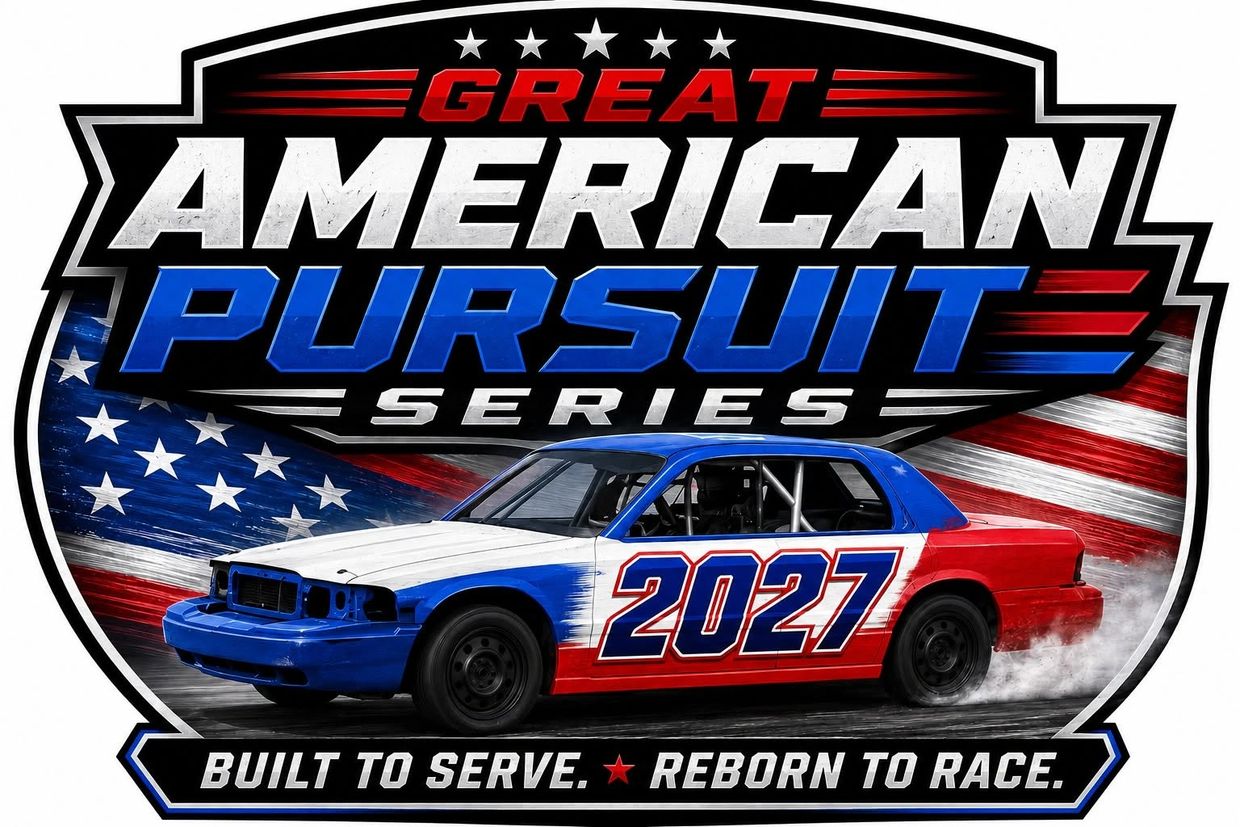 Logo for the Great American Pursuit Series with a patriotic race car and the year 2027.