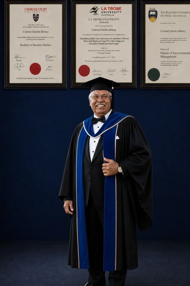 The founder of KLP, Conrad Bilney, dressed in a full academic gown and holds tertiary degrees 2026