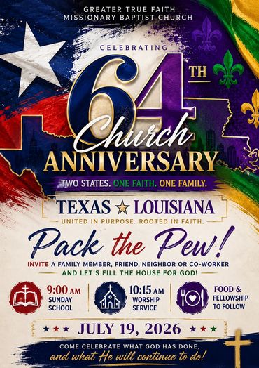 Flyer for Greater True Faith Missionary Baptist Church's 64th anniversary.