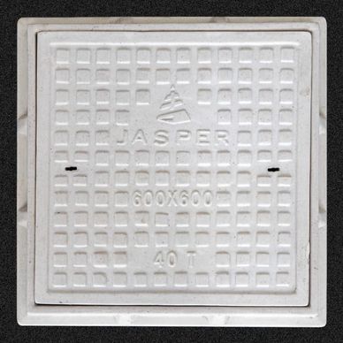 Square white manhole cover with Jasper branding.