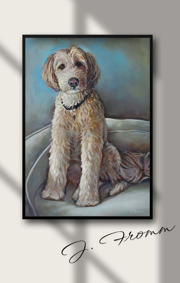 Pet portrait commission, oil painting of golden doodle dog