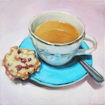 oil painting of a cup of coffee and cookie