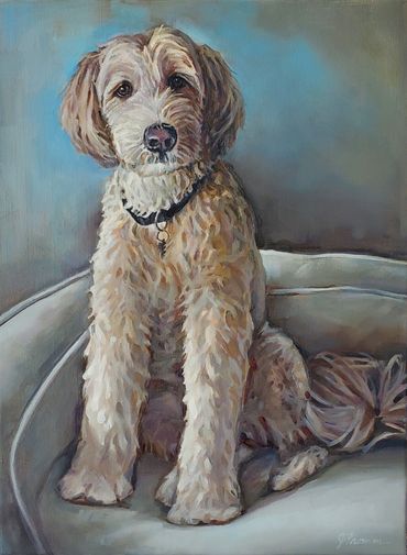 oil painting of a Golden Doodle dog