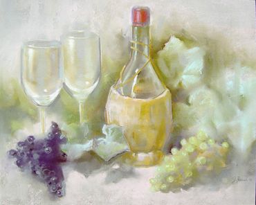 soft pastel drawing of a chianti bottle and glasses