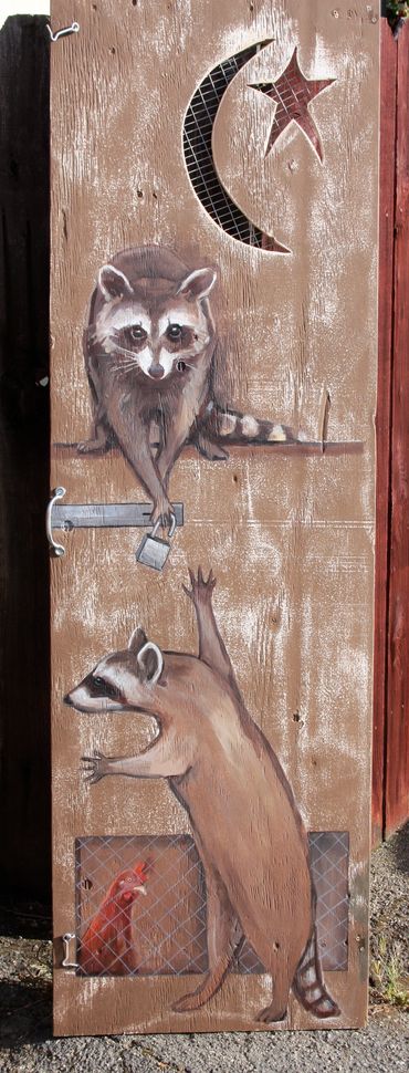 painting of raccoon in a chicken coop door