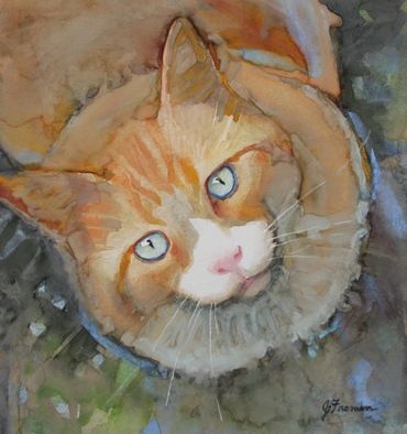 painting of cat looking up