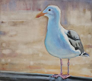 painting of seagull at the beach